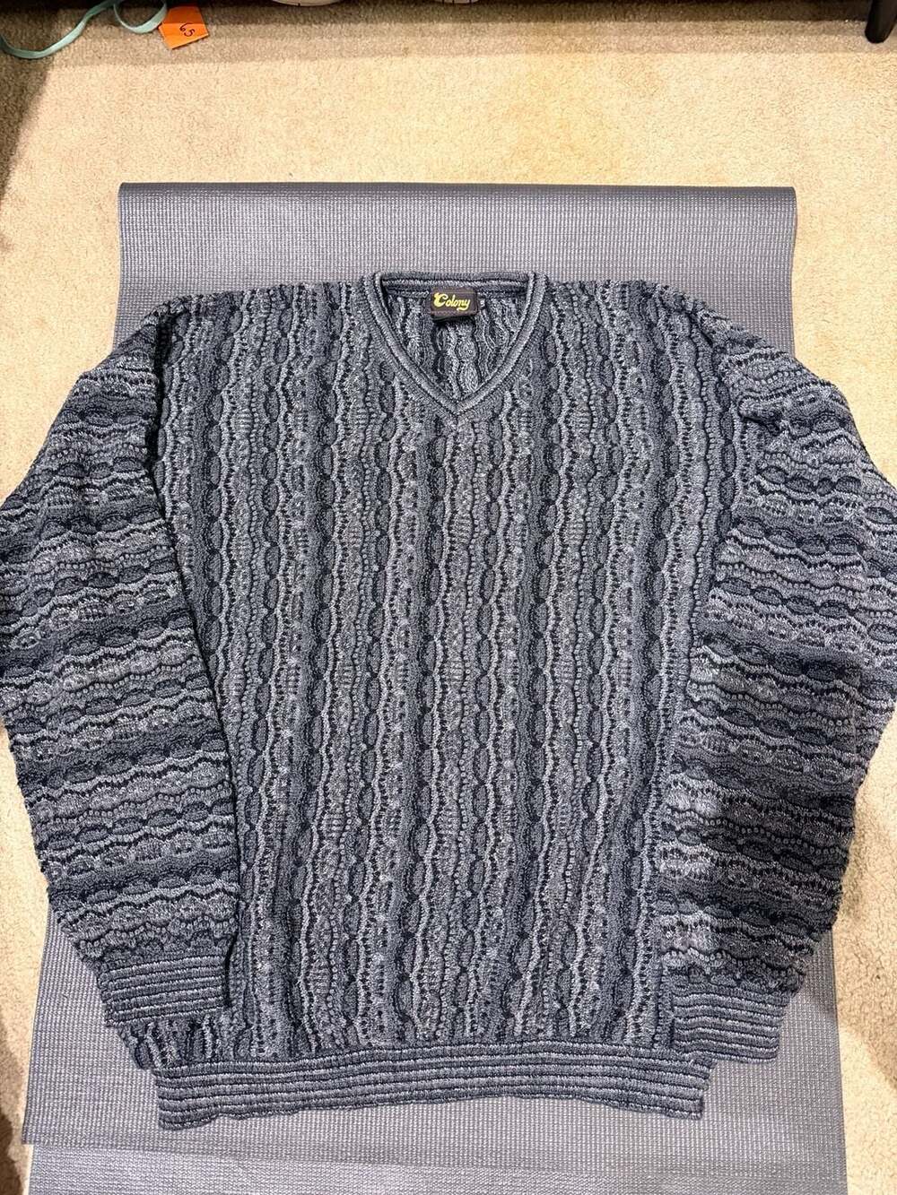 Vintage Colony Wool Blend Textured V-Neck Sweater Gray Made in Canada size Large